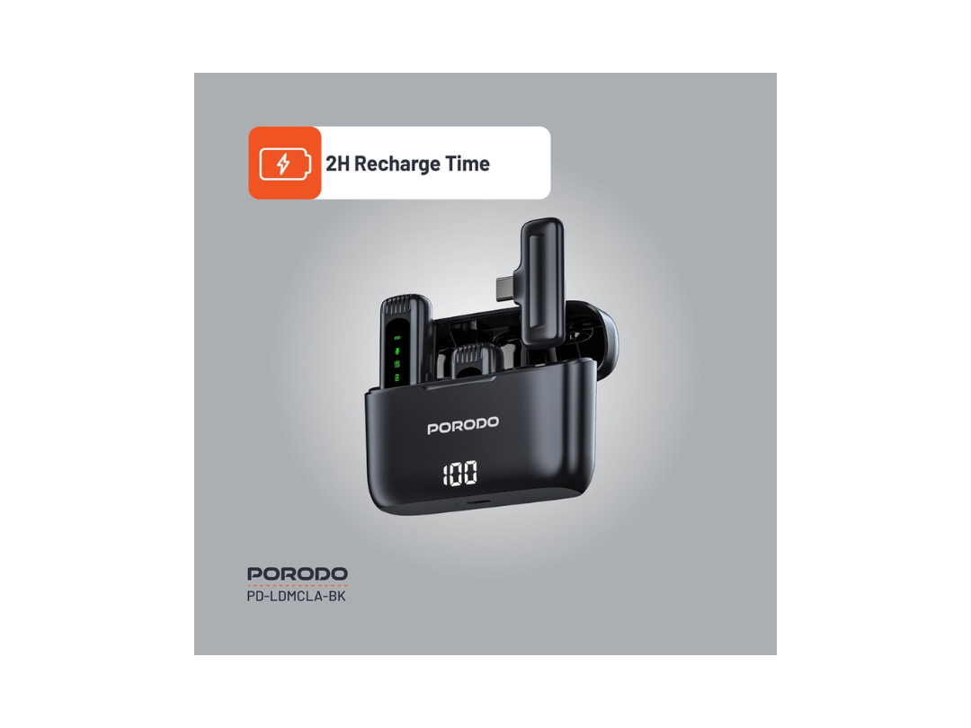 Porodo Lavalier Double Microphone with Charging Case - Black Porodo Lavalier Double Microphone with Charging Case - Black